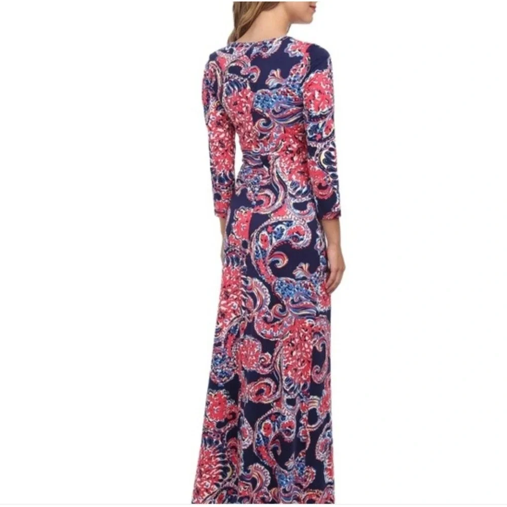 Lilly Pulitzer Pima Cotton Maxi Dress Pink Navy Paisley V-Neck XS 3/4 Sleeve